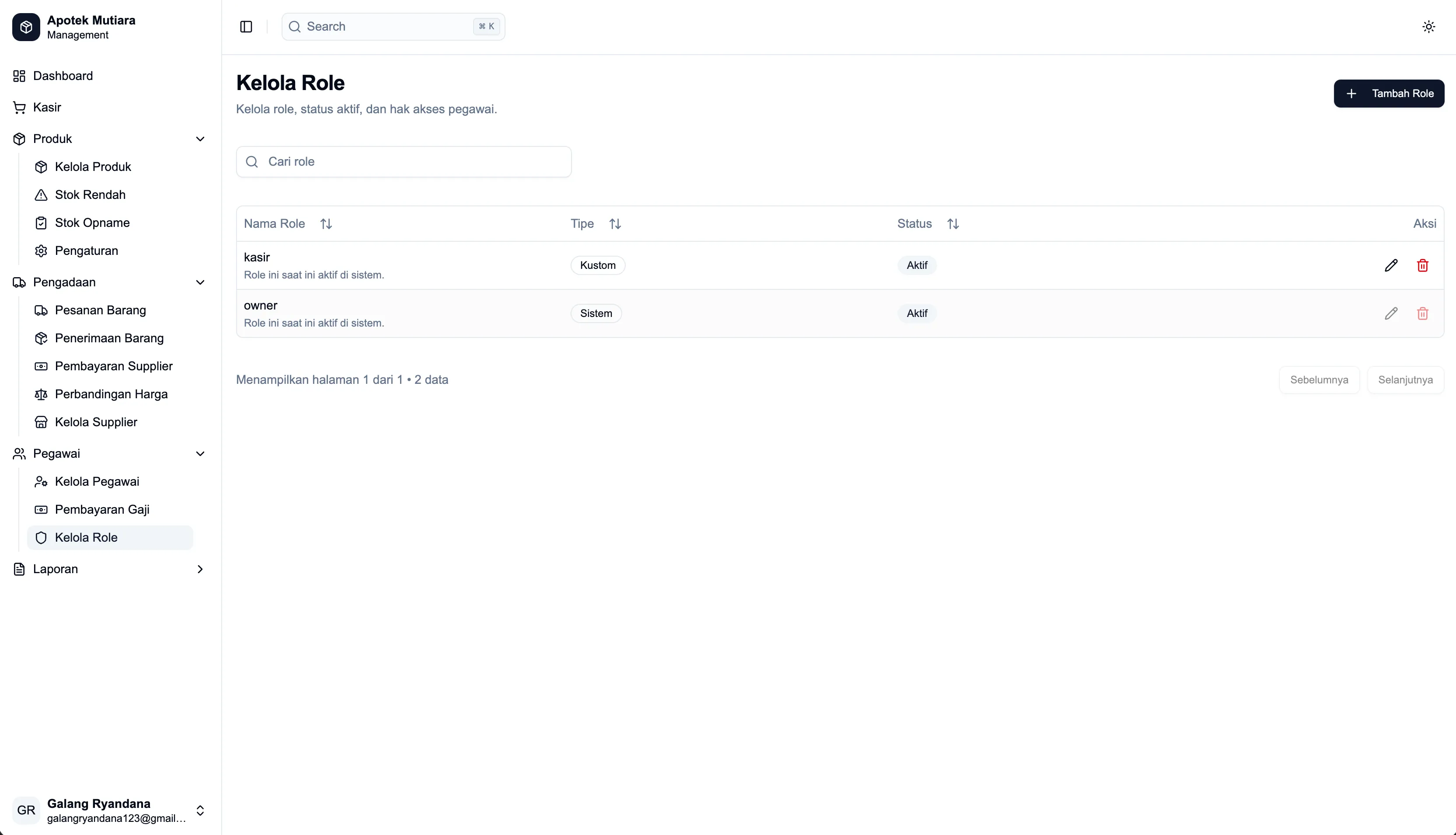 Apotek POS kelola role screenshot