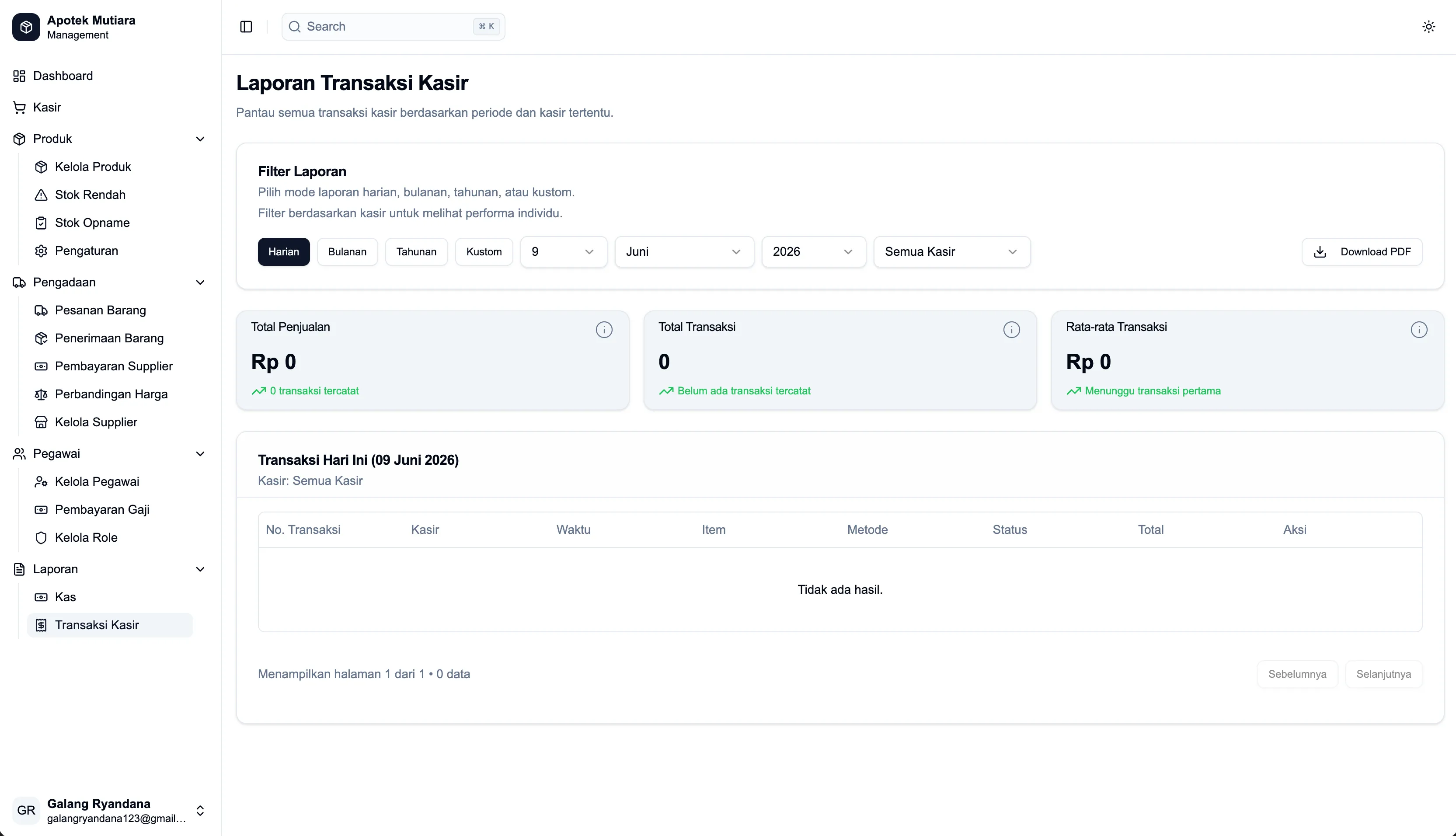 Apotek POS laporan transaksi kasir screenshot